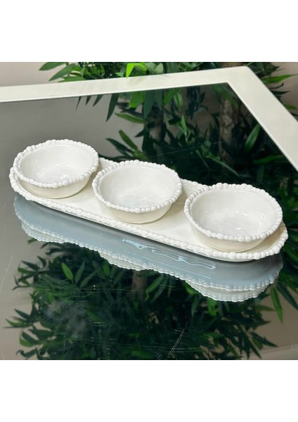 3'lü Porselen Tepsili Boncuk Detaylı Sosluk Çerezlik