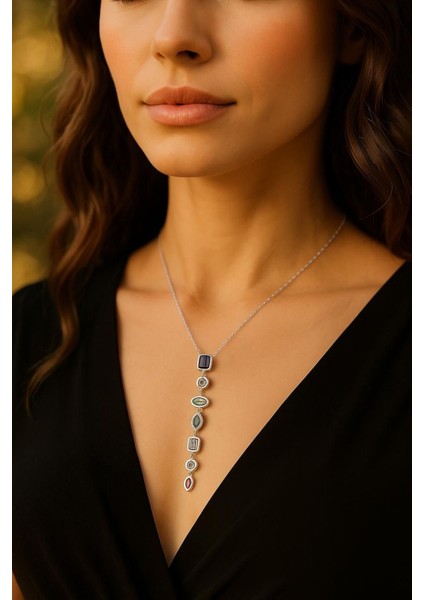 Y Kolye Çok Zarif Çelik Renkli Taşlı Y Kolye Kararma Solma Yapmaz Gümüş Renk