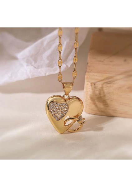 Çelik Gold Renk Kalp ve Yüzük Kolyesi Sevgiliye Muhteşem Bir Aşk Kolyesi Paslanmaz Çelik Antialerjik