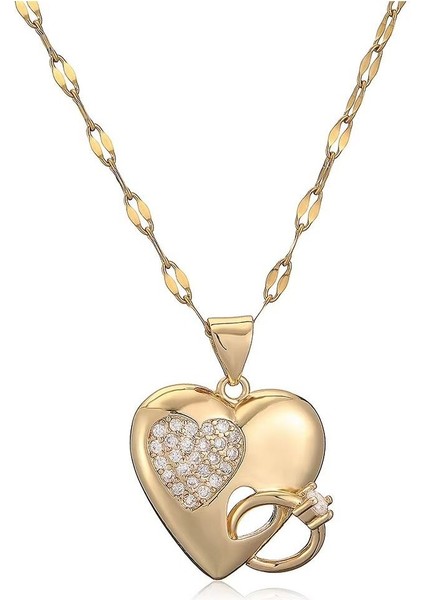 Çelik Gold Renk Kalp ve Yüzük Kolyesi Sevgiliye Muhteşem Bir Aşk Kolyesi Paslanmaz Çelik Antialerjik fırsatları