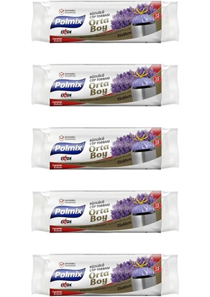 10’lu 5 Rulo Extra Güçlü Büzgülü Çöp Poşeti Lavanta Kokulu Orta Boy Çöp Torbası 55X60CM