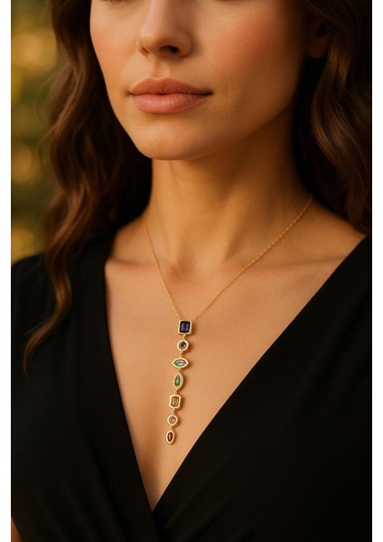 Y Kolye Çok Zarif Çelik Renkli Taşlı Y Kolye Kararma Solma Yapmaz