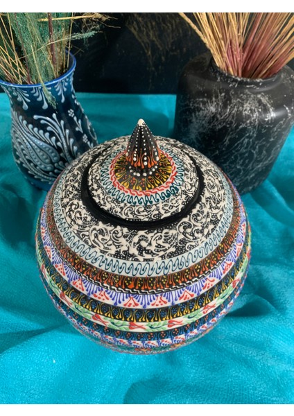 El Yapımı Renkli Çini Seramik Küre Kavanoz – Kapaklı Dekoratif Küp – 27 cm x 20 cm – Iznik Kütahya Tarzı El Boyaması Çiçek Motifli Seramik Obje – Ev Ofis Dekorasyonu ve Hediyelik