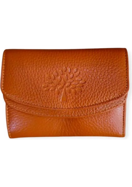 Turuncu Hakiki Deri Çok Bölmeli Cüzdan