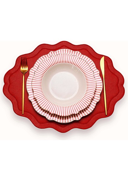 Nakış Detaylı Kırmızı Deri Amerikan Servis/ Supla/ Placemats