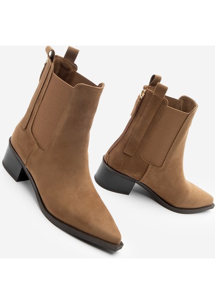 Kadın Sivri Burun Arkadan Fermuarlı Kovboy Çift Lastikli Western Bot Mirona Taba Süet