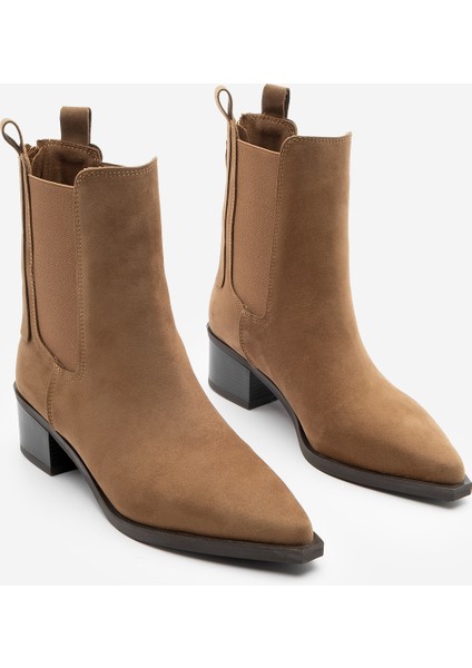 Kadın Sivri Burun Arkadan Fermuarlı Kovboy Çift Lastikli Western Bot Mirona Taba Süet