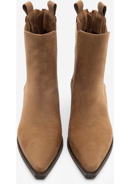 Kadın Sivri Burun Arkadan Fermuarlı Kovboy Çift Lastikli Western Bot Mirona Taba Süet