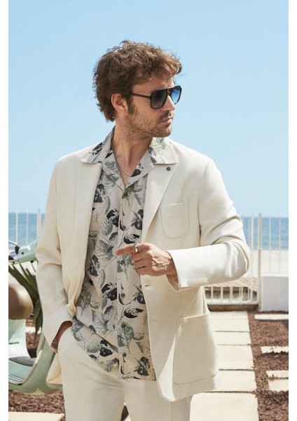 Bej Erkek Slim Fit Düz Mono Yaka Casual Ceket