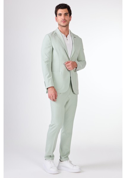 Yeşil Erkek Slim Fit Düz Mono Yaka Casual Ceket