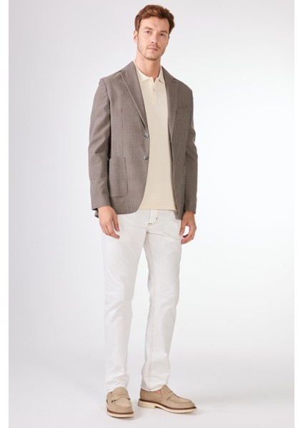 Kahverengi Erkek Slim Fit Ekose Desenli Mono Yaka Ceket