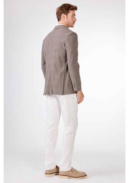 Kahverengi Erkek Slim Fit Ekose Desenli Mono Yaka Ceket
