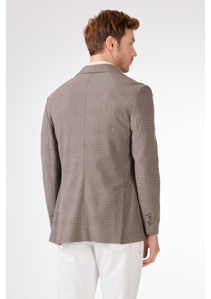 Kahverengi Erkek Slim Fit Ekose Desenli Mono Yaka Ceket