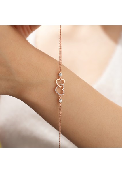 925 Ayar Rose Kaplama Zirkon Taşlı Kalpli Gümüş Bileklik