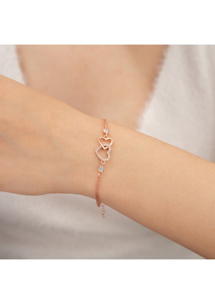 925 Ayar Rose Kaplama Zirkon Taşlı Kalpli Gümüş Bileklik fiyatları