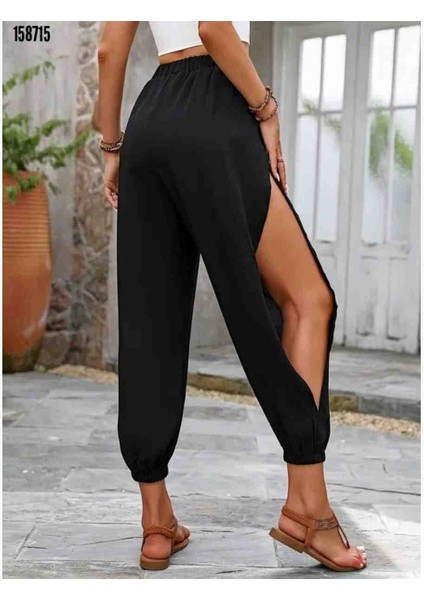 Kadın Yüksek Belli Yanlardan Çapraz Detay Yırtmaçlı Viskon Pantolon, Kırmızı Gül Figürlü Kolye Hediye modelleri