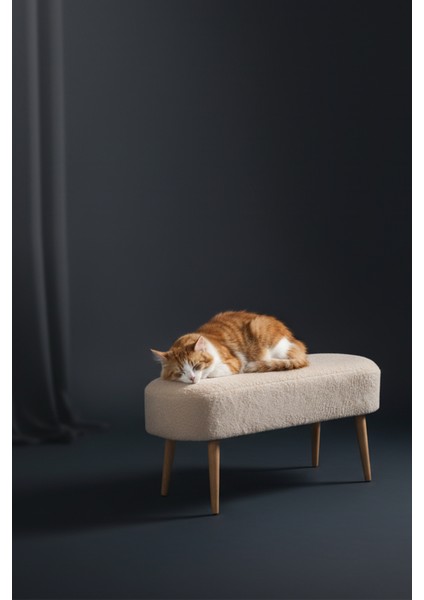 Retro Ahşap Ayaklı Geniş Oturum Alanlı Oval Puf Krem