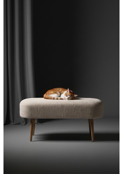 Retro Ahşap Ayaklı Geniş Oturum Alanlı Oval Puf Krem fiyatları