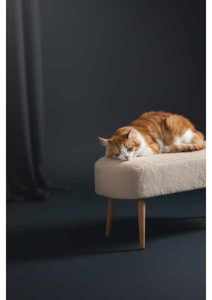 Retro Ahşap Ayaklı Geniş Oturum Alanlı Oval Puf Krem modelleri