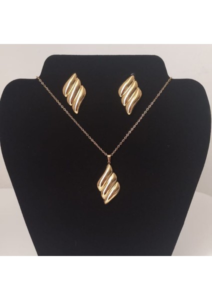 Gold Küpe Kolye 2 Li Çelik Takı Seti