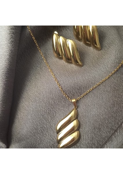 Gold Küpe Kolye 2 Li Çelik Takı Seti fiyatları