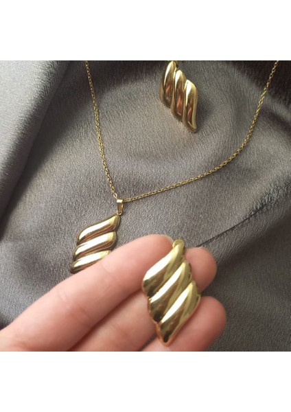 Gold Küpe Kolye 2 Li Çelik Takı Seti modelleri
