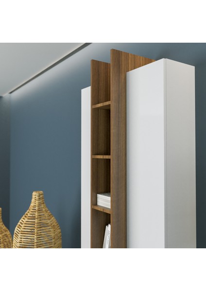 Dora 80 cm Dik Depolama Dolabı ve Kitaplık Parlak Beyaz & Mat Ceviz MDF Lam fiyatları