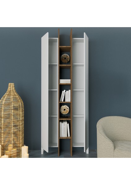 Dora 80 cm Dik Depolama Dolabı ve Kitaplık Parlak Beyaz & Mat Ceviz MDF Lam modelleri