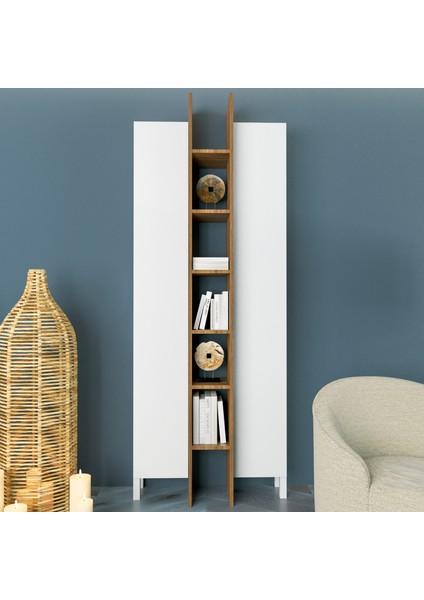 Dora 80 cm Dik Depolama Dolabı ve Kitaplık Parlak Beyaz & Mat Ceviz MDF Lam fırsatları