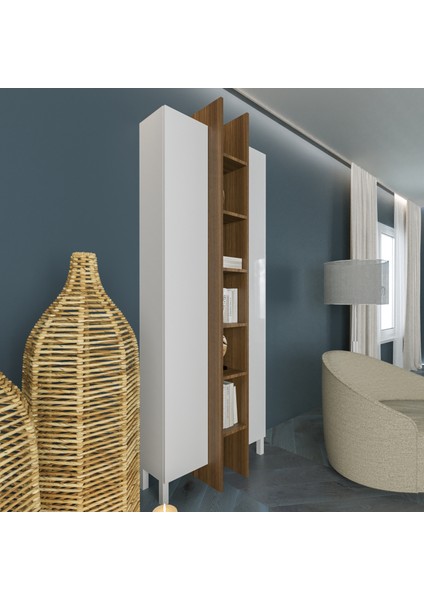 Dora 80 cm Dik Depolama Dolabı ve Kitaplık Parlak Beyaz & Mat Ceviz MDF Lam indirimleri