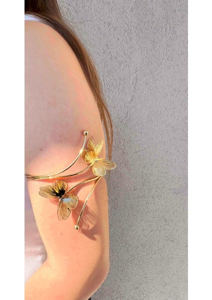 Gold Kelebek Detaylı Paslanmaz Çelik Ayarlanabilir Kadın Pazu Bileklik Kol Kelepçesi Armcuff