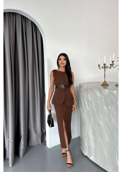 Ceket-Etek Görünümlü Elbiseçift Kemer Detaylı - Kahverengi