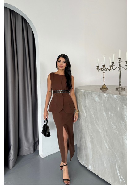 Ceket-Etek Görünümlü Elbiseçift Kemer Detaylı - Kahverengi fiyatları