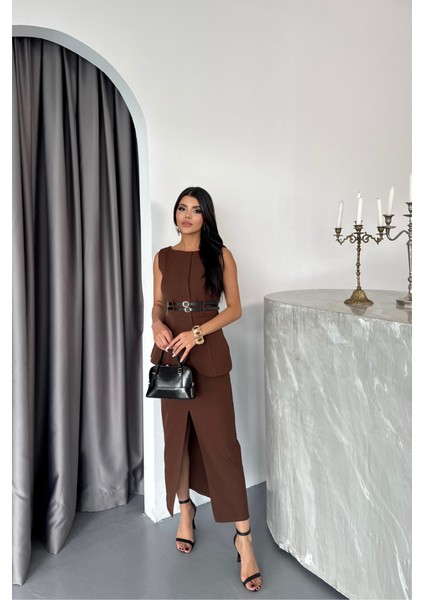 Ceket-Etek Görünümlü Elbiseçift Kemer Detaylı - Kahverengi modelleri