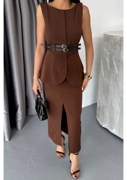 Ceket-Etek Görünümlü Elbiseçift Kemer Detaylı - Kahverengi fırsatları