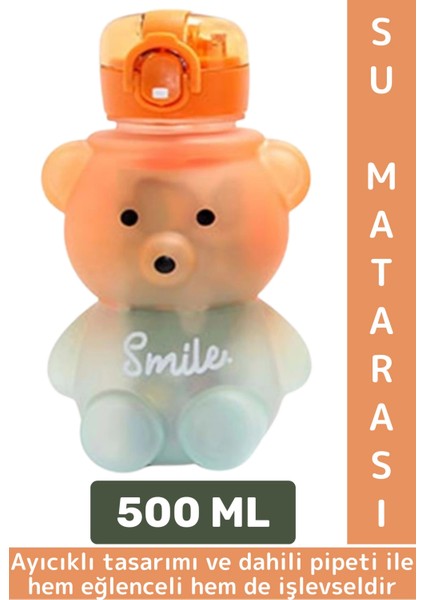 Dayanıklı Ev Ofis Çocuk Okul Outdoor Sızdırmaz Kapaklı Sevimli Ayıcıklı Pipetli Su Matarası 500 ml