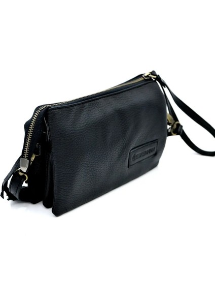 Helene Siyah Üç Gözlü Hakiki Deri Portföy Clutch Askılı Çanta