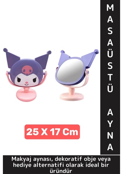 Dekoratif Hediyelik Sevimli Figür Kuromi Tasarımlı Komodin Makyaj Masası Masa Üstü Ayna 25 x 17 cm