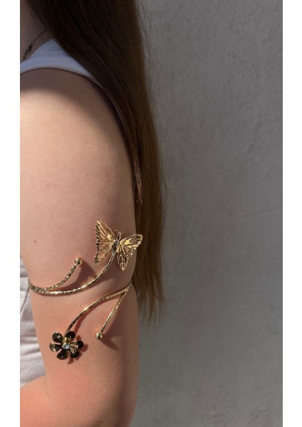 Gold Kelebek ve Çiçek Detaylı Paslanmaz Çelik Ayarlanabilir Kadın Pazu Bileklik Kol Kelepçesi Armcuff modelleri
