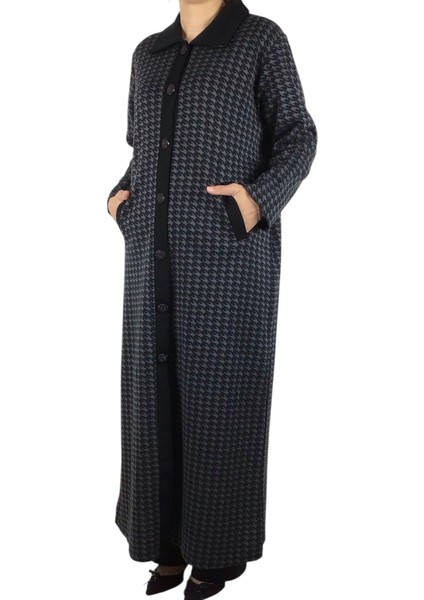 Kadın Desenli Önü Düğmeli Cepli Çelik Örgü Pardesü