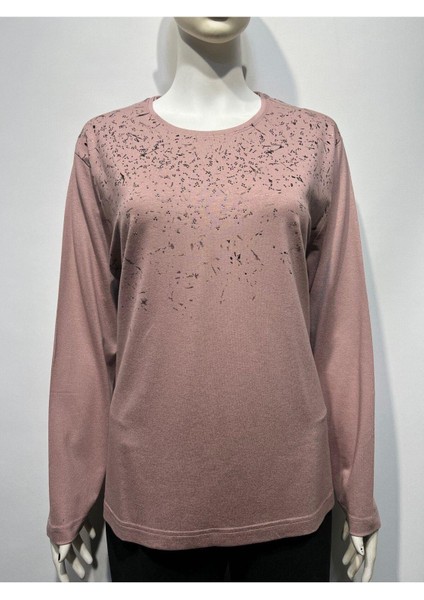 Taşlı ve Baskılı Penye Bluz 8010