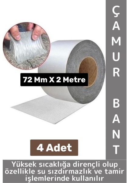 Ultra Güçlü Su Geçirmez Isıya Dayanıklı Alüminyum Izolasyon Tamirat 72 mm x 2 Metre Çamur Bant 4 Adt