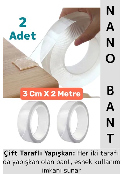 Ultra Güçlü Esnek Kesilebilir Kolay Kullanım Estetik Çift Taraflı Nano Şeffaf Bant 3 Cmx2 Metre 2 Ad