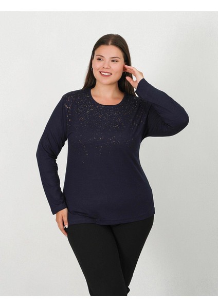 Taşlı ve Baskılı Penye Bluz 8010