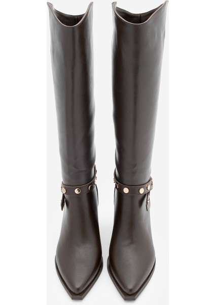 Kadın Sivri Burun Fermuarsız Çıkarılabilen Tokalı Troklu Zımbalı Topuklu Çizme Fuslep