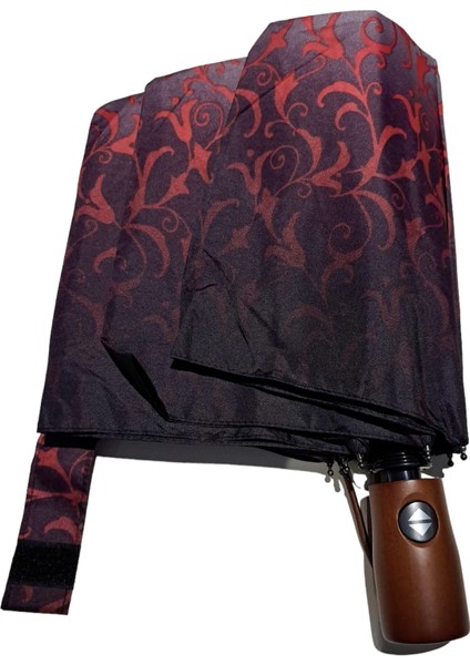 Ahşap Sap Ful Otomatik 10 Telli Lüx Kadın Şemsiyesi Kırmızı Çiçek Desnli