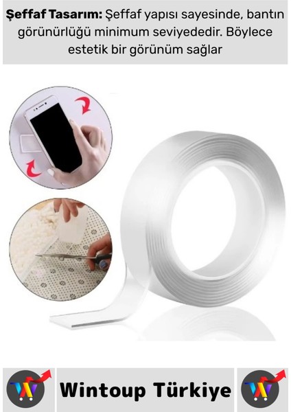 Ultra Güçlü Esnek Kesilebilir Kolay Kullanım Estetik Çift Taraflı Nano Şeffaf Bant 3 cm x 2 Metre fırsatları