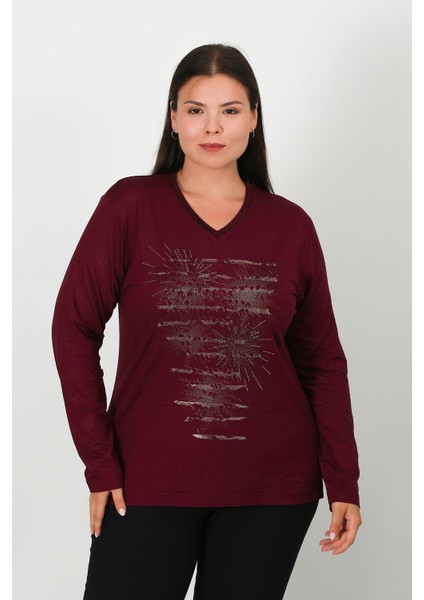 Taşlı ve Baskılı Penye Bluz 7819