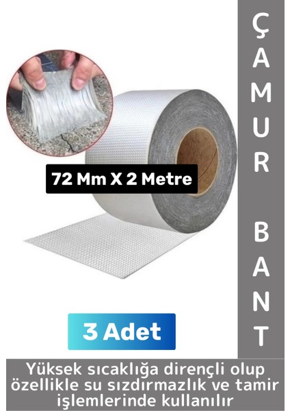 Ultra Güçlü Su Geçirmez Isıya Dayanıklı Alüminyum Izolasyon Tamirat 72 mm x 2 Metre Çamur Bant 3 Adt