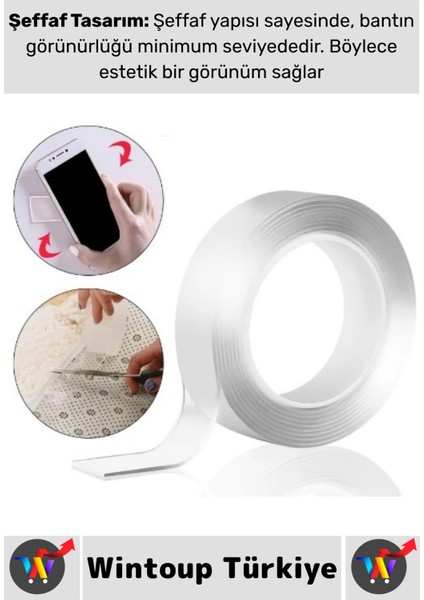 Ultra Güçlü Esnek Kesilebilir Kolay Kullanım Estetik Çift Taraflı Nano Şeffaf Bant 3 Cmx2 Metre 4 Ad fırsatları